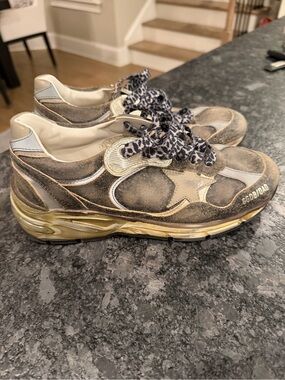 Golden Goose Women's Distressed Gold and Tan Star Sneakers